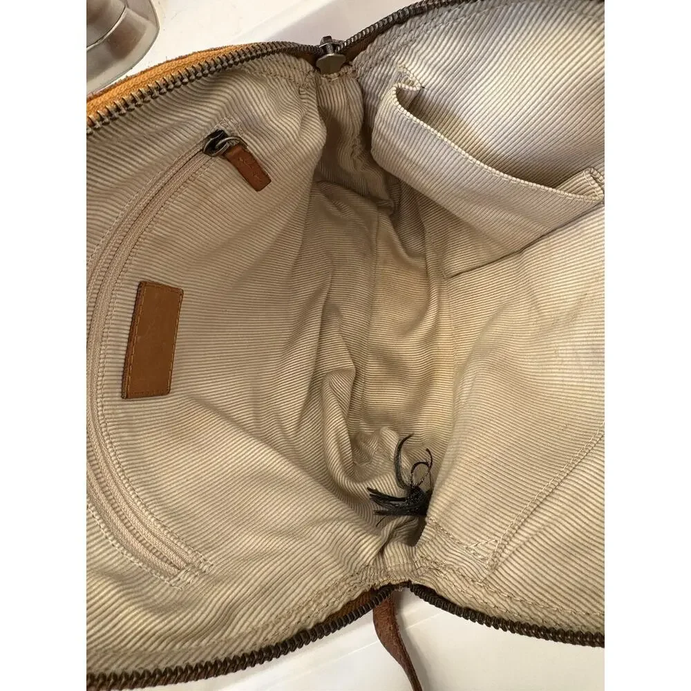 Margot New York Tan Leather Backpack Purse Chevron-Striped Front Pocket